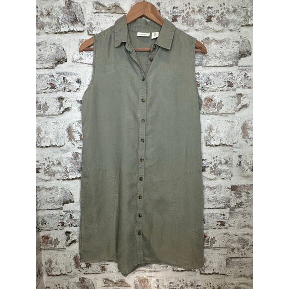 Adrienne Vittadini 100% linen button down sleeveless dress olive green size M - Picture 3 of 11